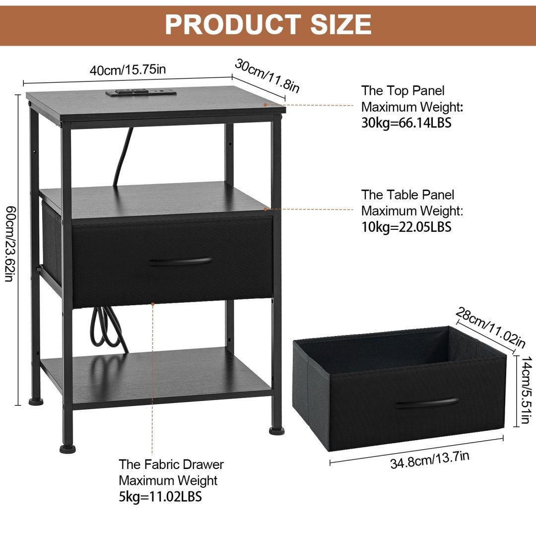 Nightstand with USB and Type C Charging Fabric Drawer