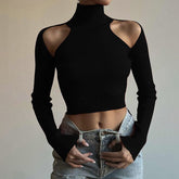 Women High Neck Long Sleeve T Shirt with Cut Out Design