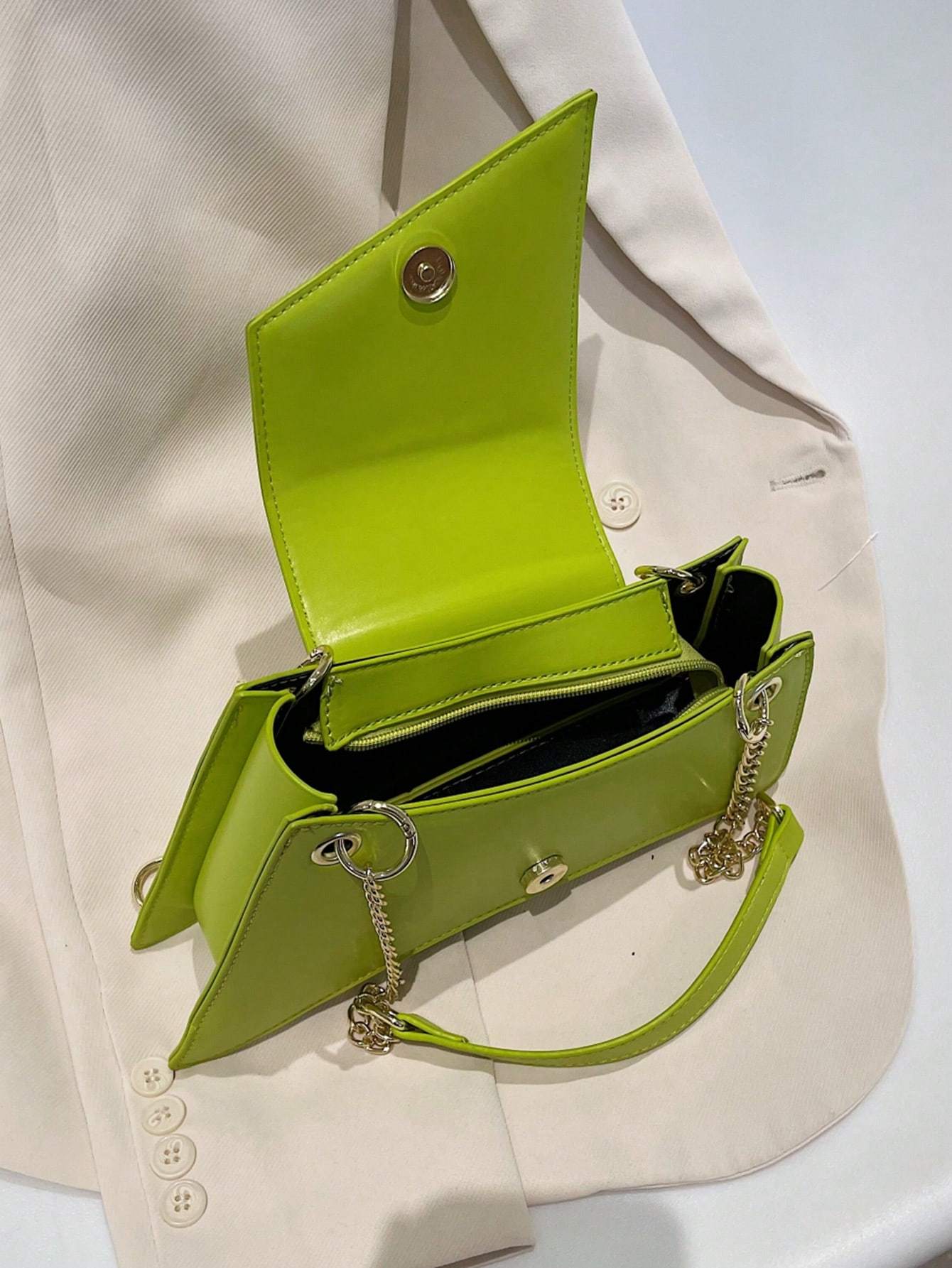 Neon Green Tote Bag PU Leather Chain Stone Pattern Purse