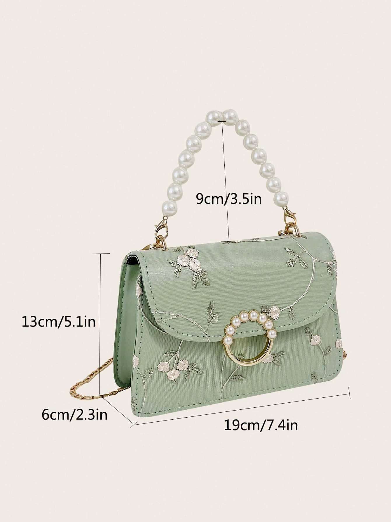 Women Mini Square Bag with Pearl Handle and Lace Strap