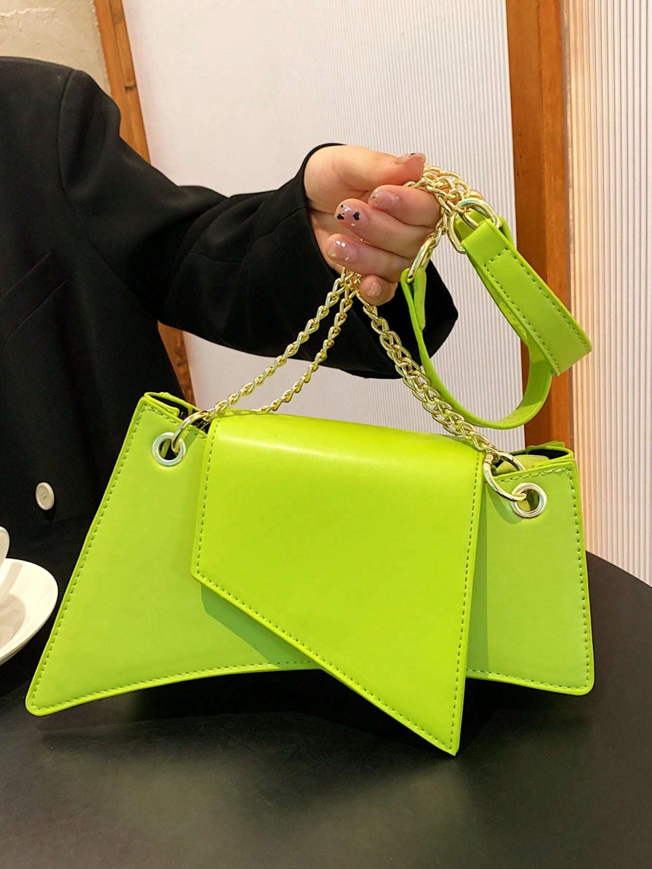 Neon Green Tote Bag PU Leather Chain Stone Pattern Purse