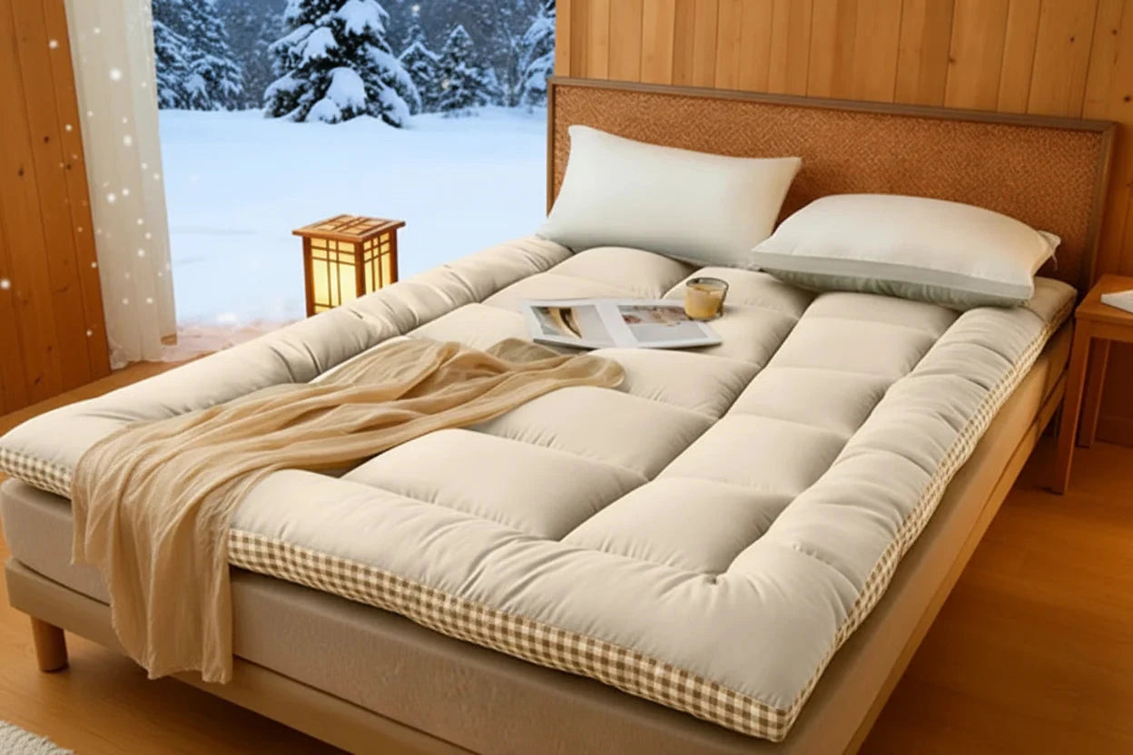 Full Size Mattress with Beige Finish and Checkered Edges