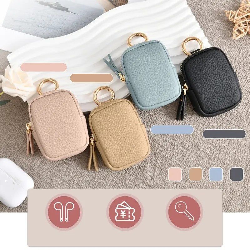 Mini Leather Wallet Coin Purse With Zipper Keychain