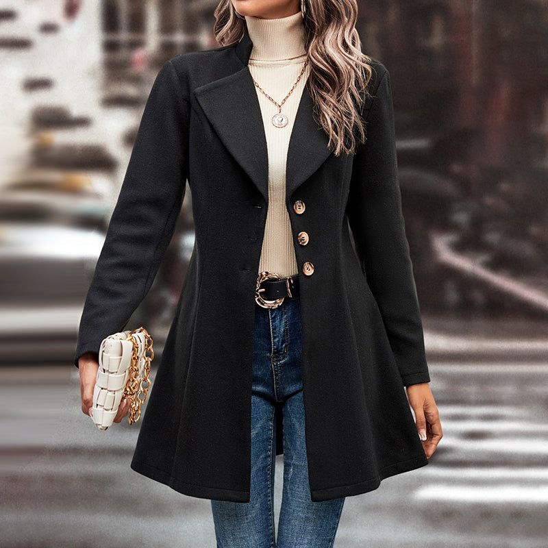 Womens Long Winter Coat With Lapel Collar Pea Design