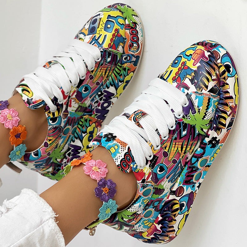 Geometric Print Sneakers With Lace Up Style And Thick Sole