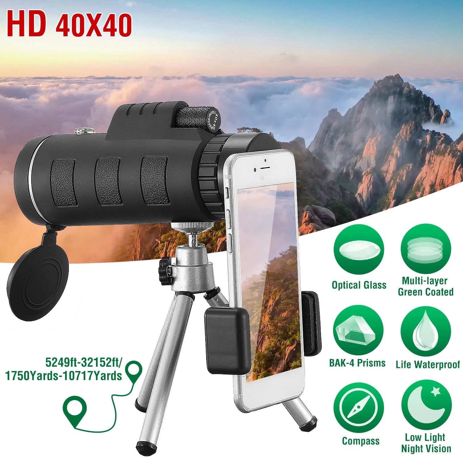 40x40 Monocular Telescope With Tripod And Phone Mount