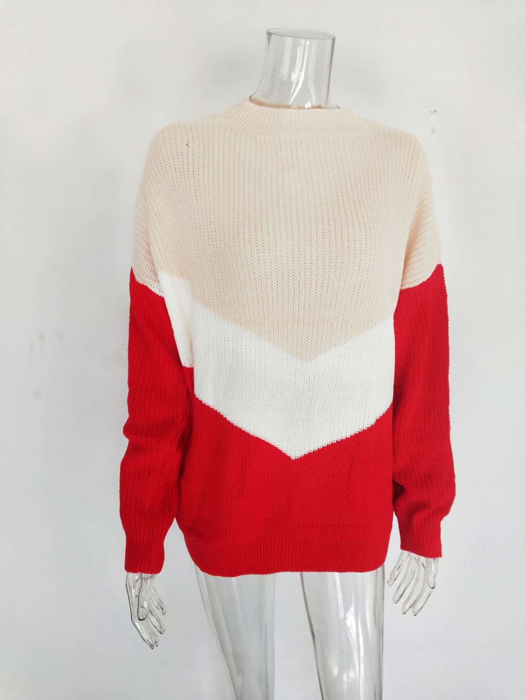Tricolor Patchwork Knit Sweater Bat Sleeve Pullover