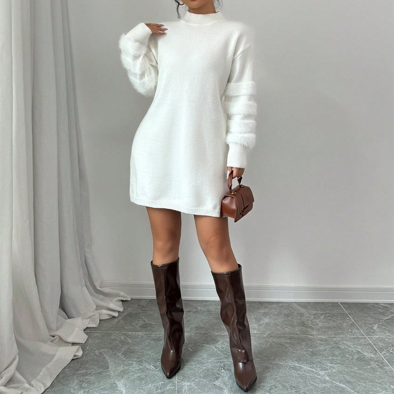 Womens Mini Dress A Line With Faux Fur Trim