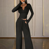Fall Two Piece Set with V Neck Top and Flared Pants