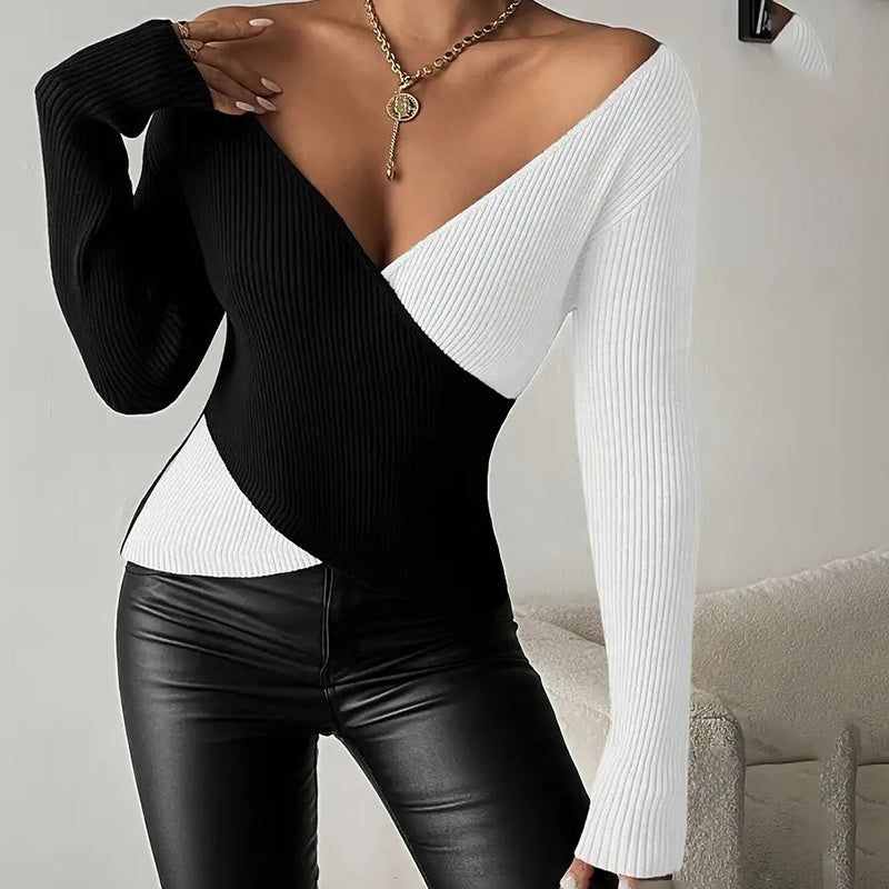 Sweater V Neck Cross Front Color Block Knit Top Women