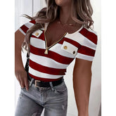 Color Block T Shirt with Striped Design and Zipper Front