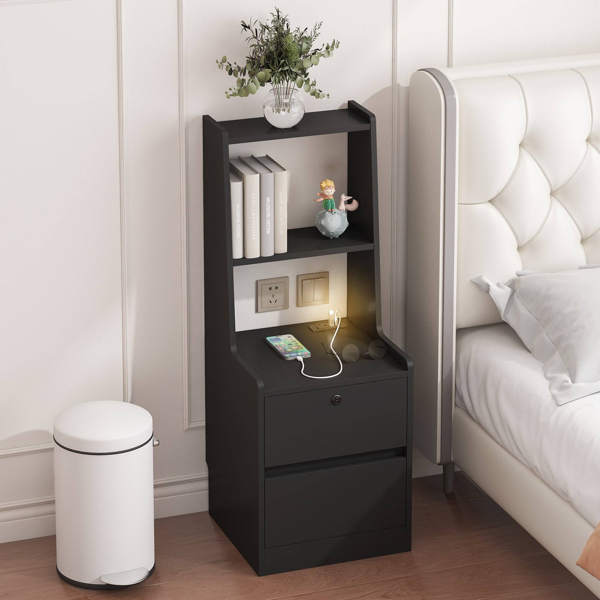 Smart Nightstand With Charging Station And Bookshelf