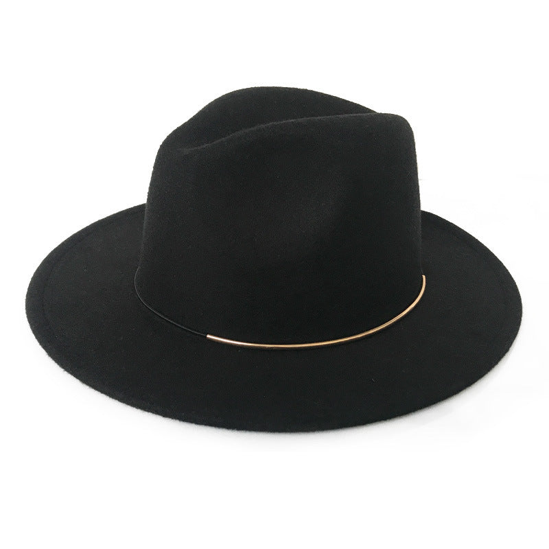 Women’s Wool Felt Jazz Hat Wide Brim Gold Buckle Design Autumn Winter Fashion Top Hat
