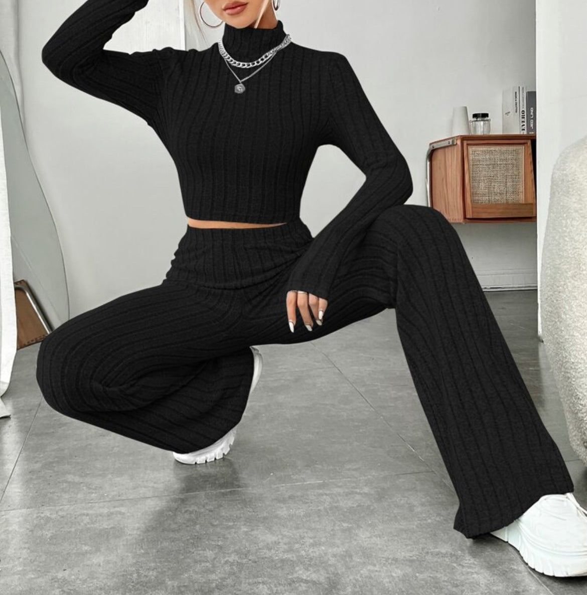 Two Piece Set Turtleneck Top Wide Leg High Waist Pants