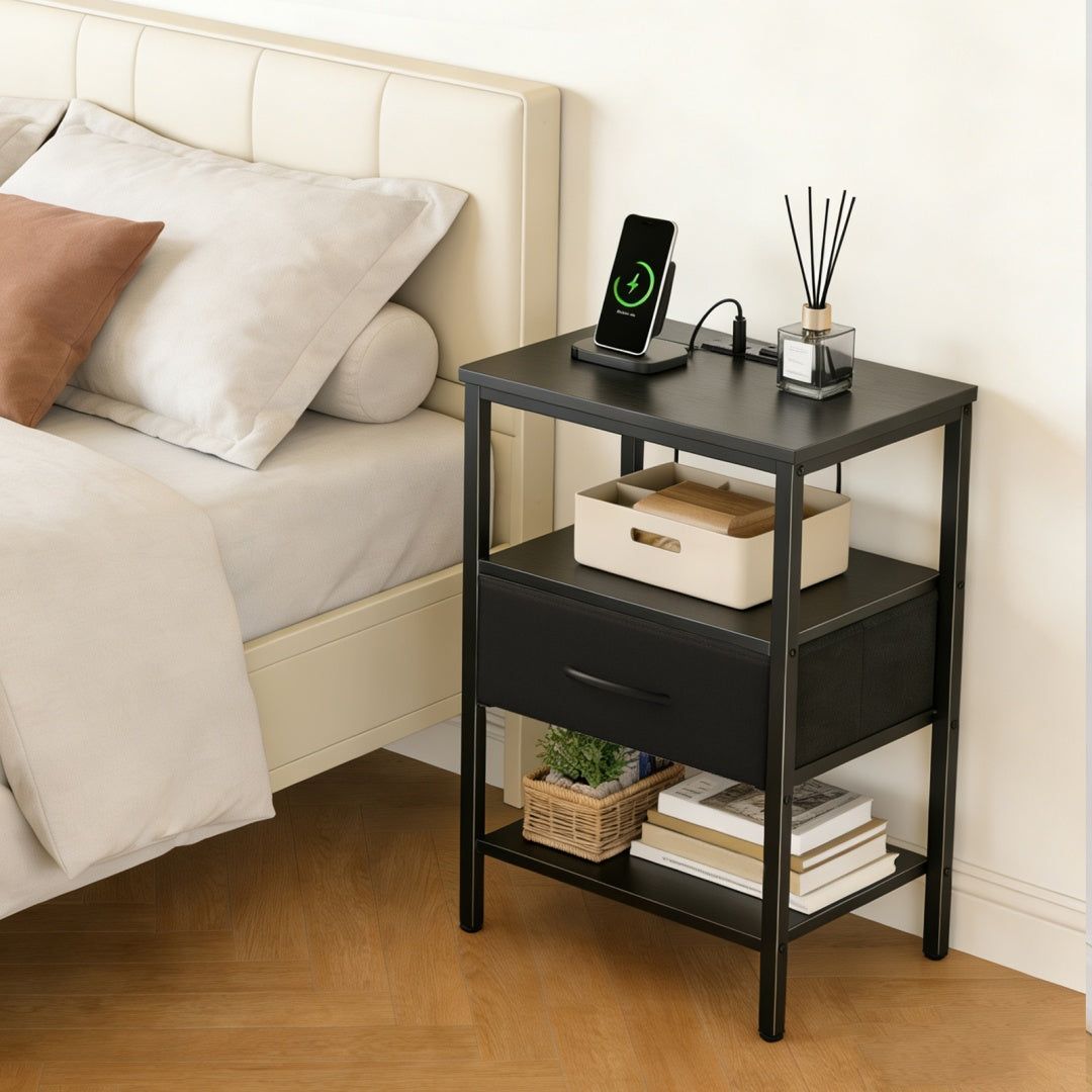 Bedside Table with Charging Station and Adjustable Shelves