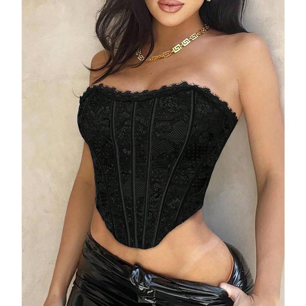 Womens Lace Corset Top Gothic Strapless Crop Bustier