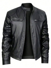 Men Stand Collar Faux Leather Jacket Zipper Casual Fit