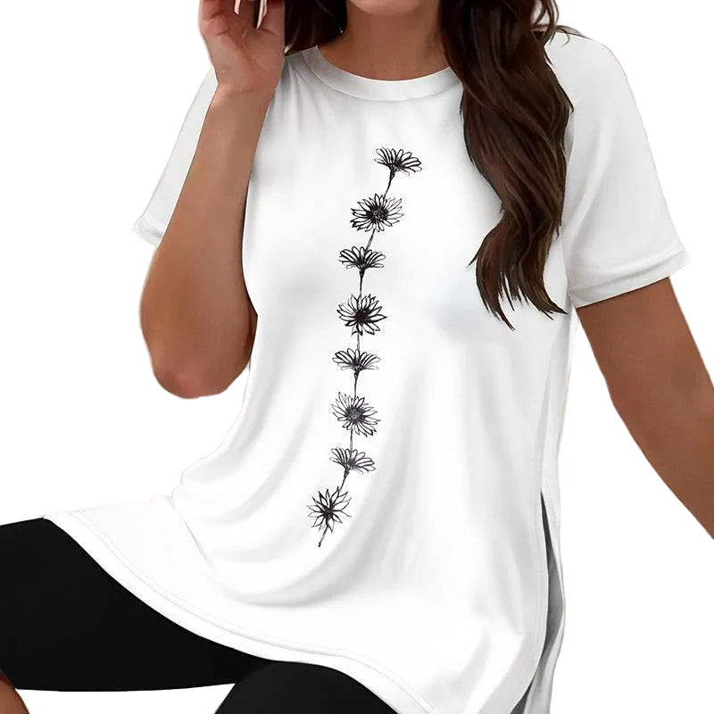 Floral Two Piece Set Side Slit Top With Stretch Shorts