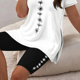 Floral Two Piece Set Side Slit Top With Stretch Shorts