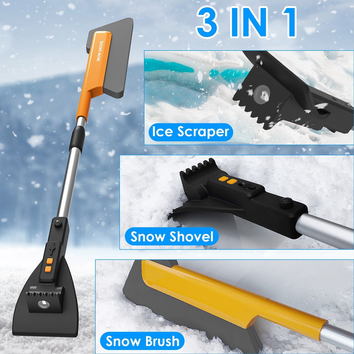 3 in 1 Car Snow Plower with LED Light and Scraper