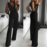 Jumpsuit deep V neck mesh and sequin jumpsuit with tailored design featuring sheer long sleeves and straight leg fit for elegant evening wear.