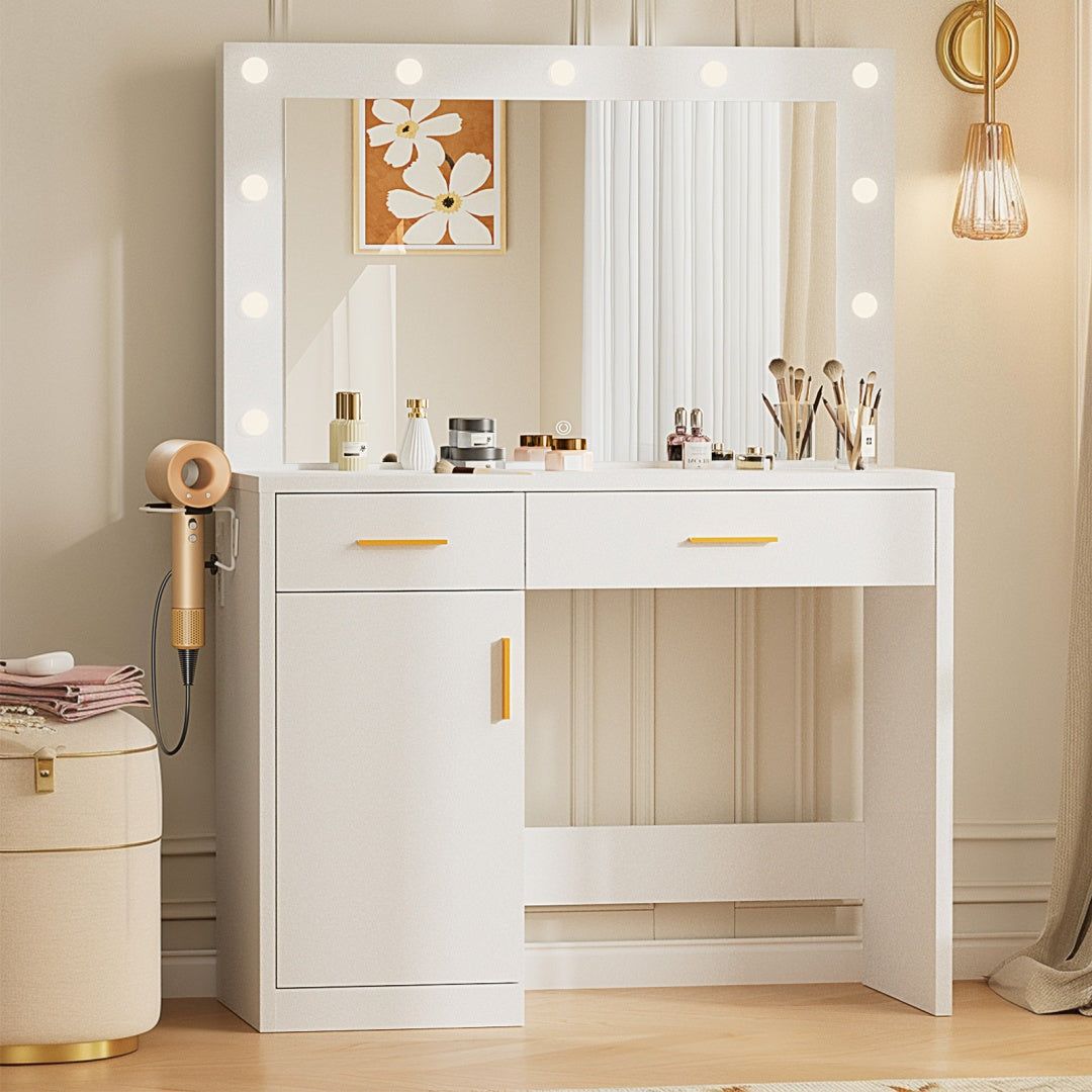 Makeup Vanity Table with LED Mirror and Charging Station