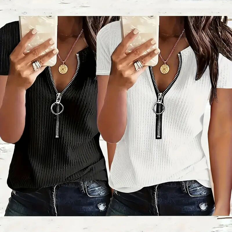 2 Pack Tunic Top Zipper V Neck Loose Fit Summer Style