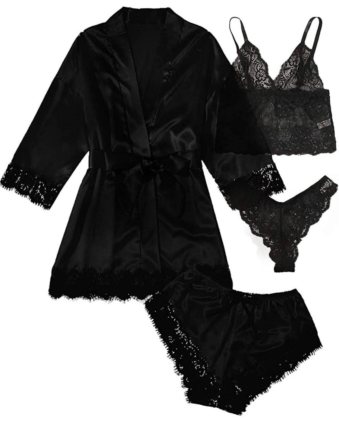 Womens Satin Pyjamas Four Piece Loungewear Sleep Set