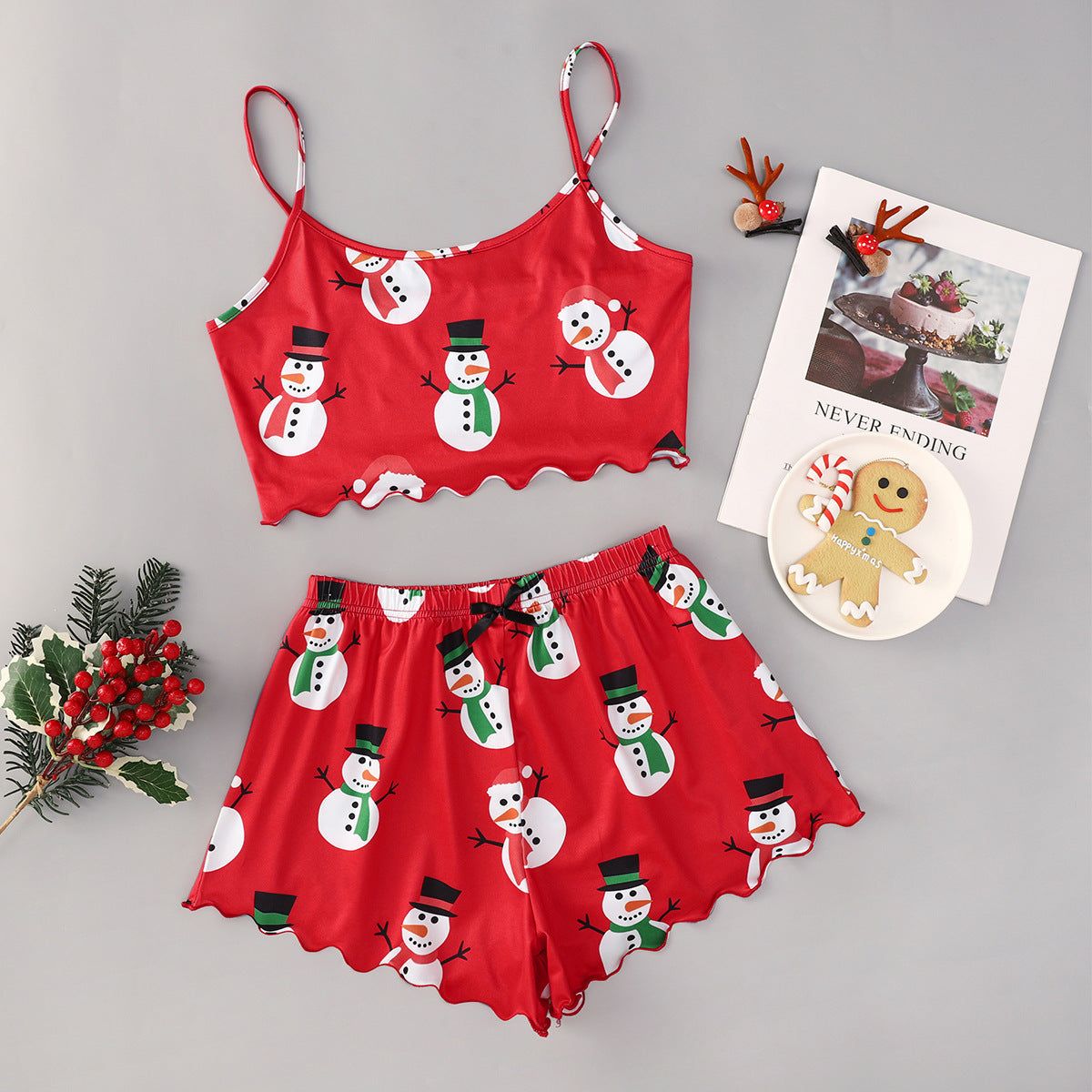 Pajama Set Christmas Women Sleeveless Top and Shorts