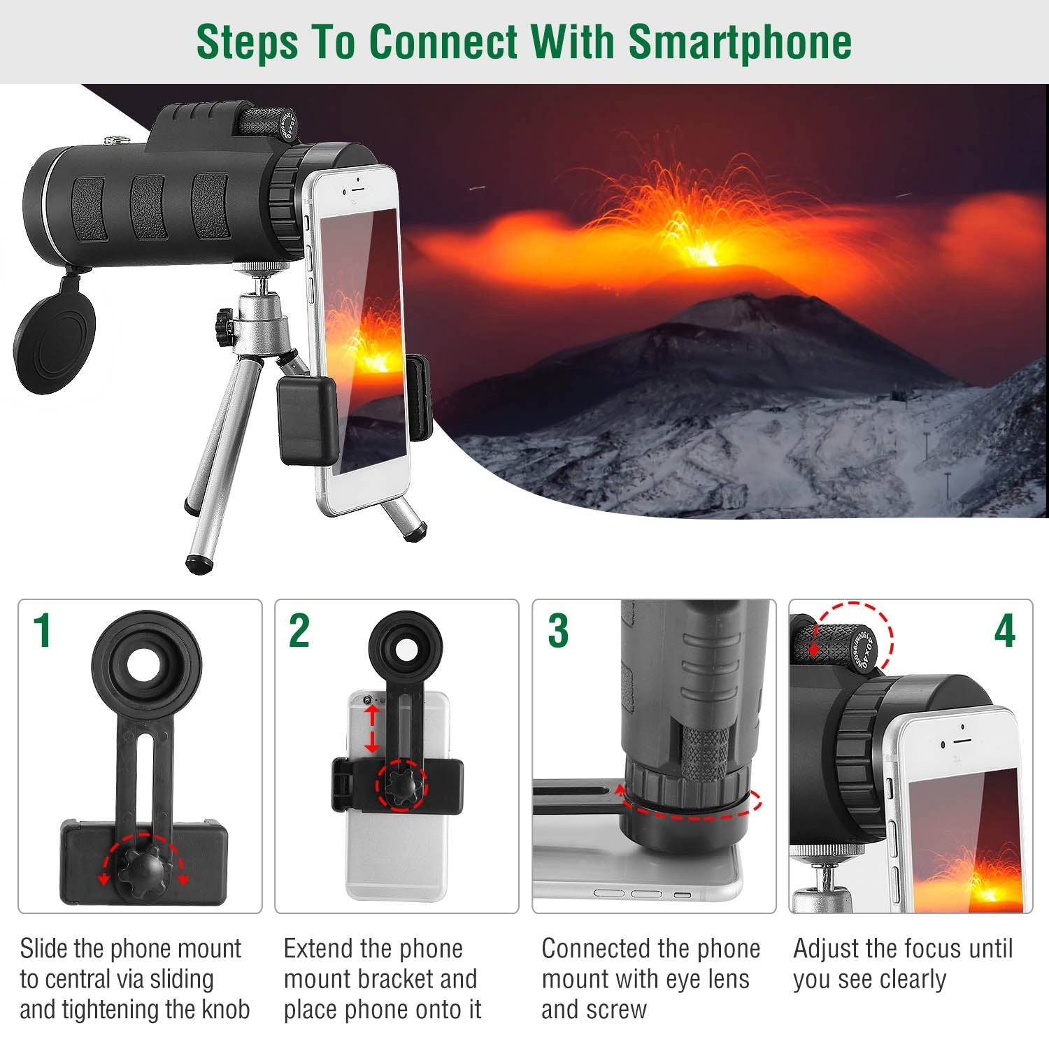 40x40 Monocular Telescope With Tripod And Phone Mount