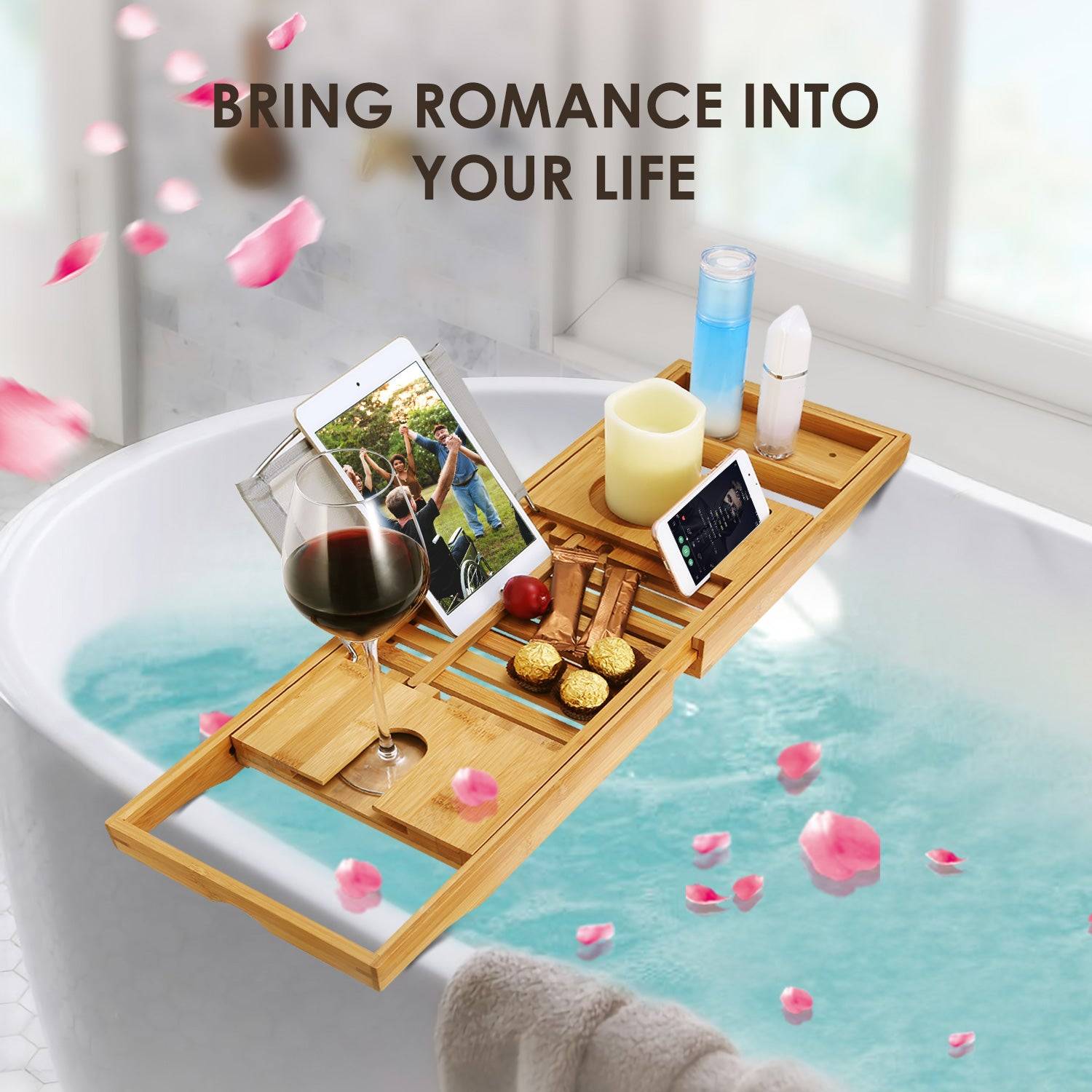 Extendable Bamboo Bath Tray with Holder