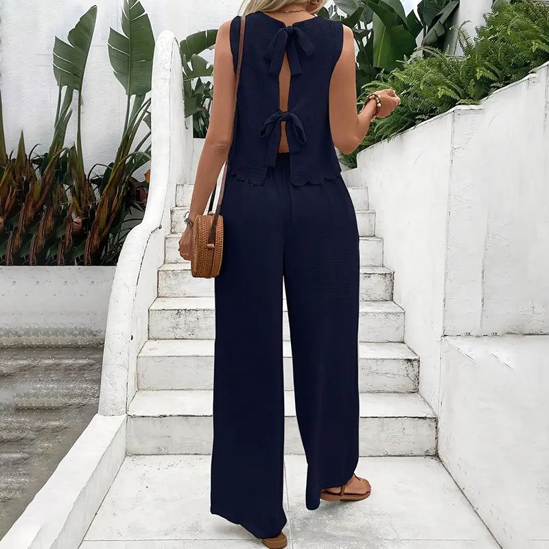Womens Two Piece Set With Tie Back Top And Wide Leg Pants