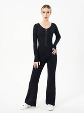 Women Jumpsuit Two Piece Zipper Top Flared Trousers Set