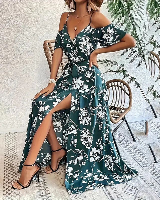 Floral Maxi Dress Cold Shoulder With Belt And Side Split