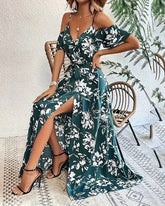 Floral Maxi Dress Cold Shoulder With Belt And Side Split