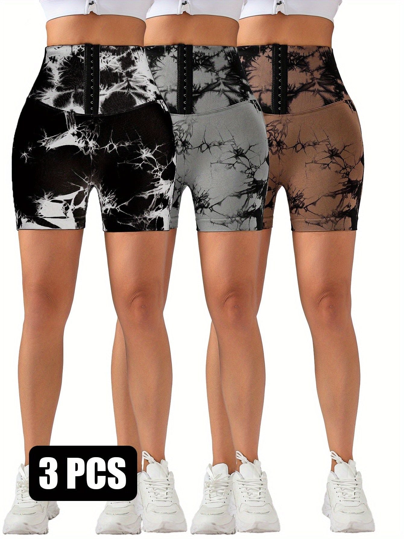 3 Pack Seamless Tie Dye High Waist Shorts Tummy Control