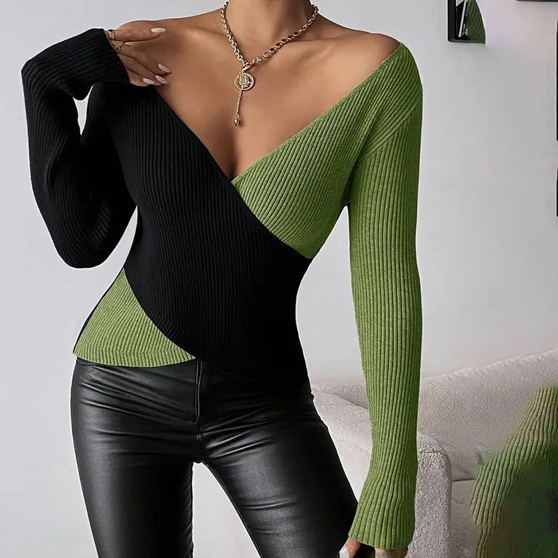 Sweater V Neck Cross Front Color Block Knit Top Women