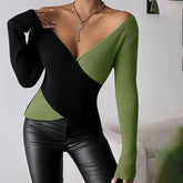 Sweater V Neck Cross Front Color Block Knit Top Women