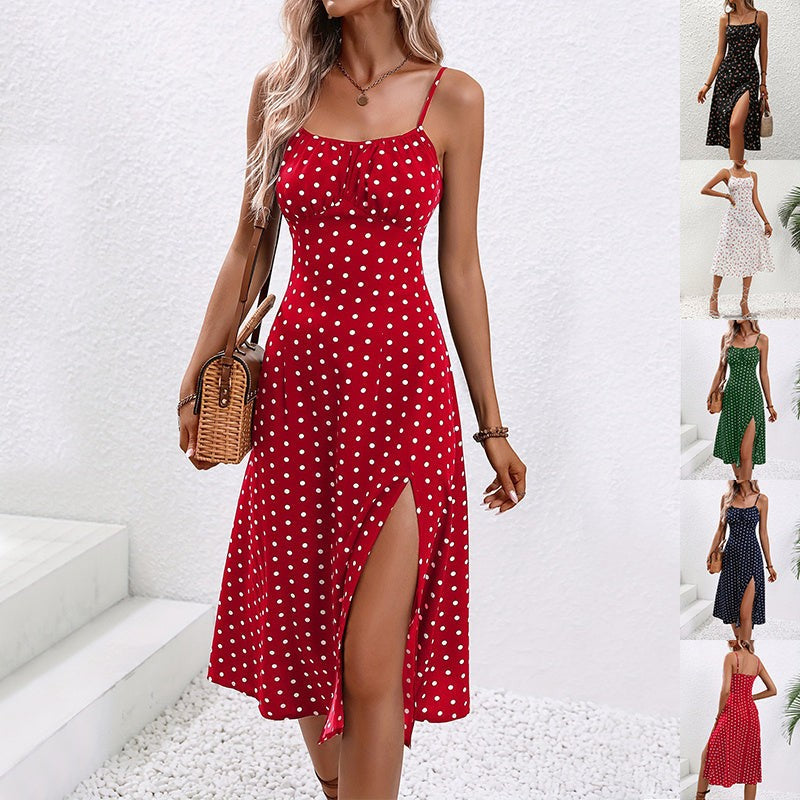 Womens Polka Dot Suspender Dress Summer Long Split Hem