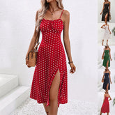 Womens Polka Dot Suspender Dress Summer Long Split Hem