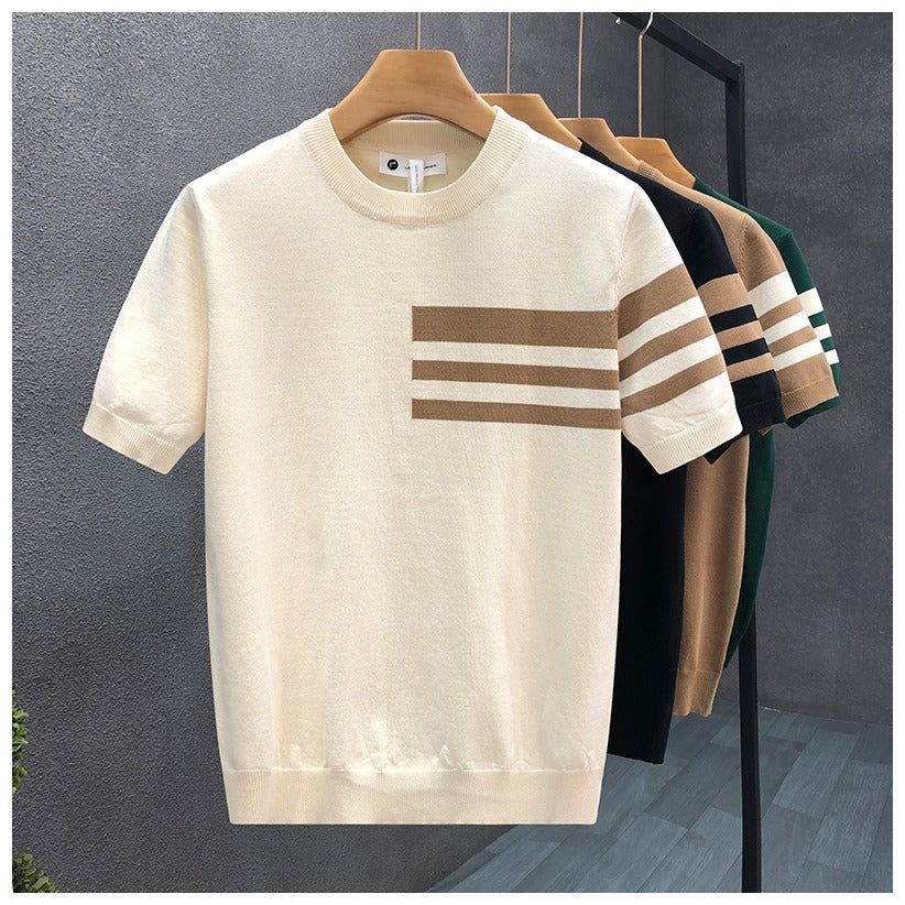 Men Round Neck Striped Shirt Loose Fit Cotton Blend Tee