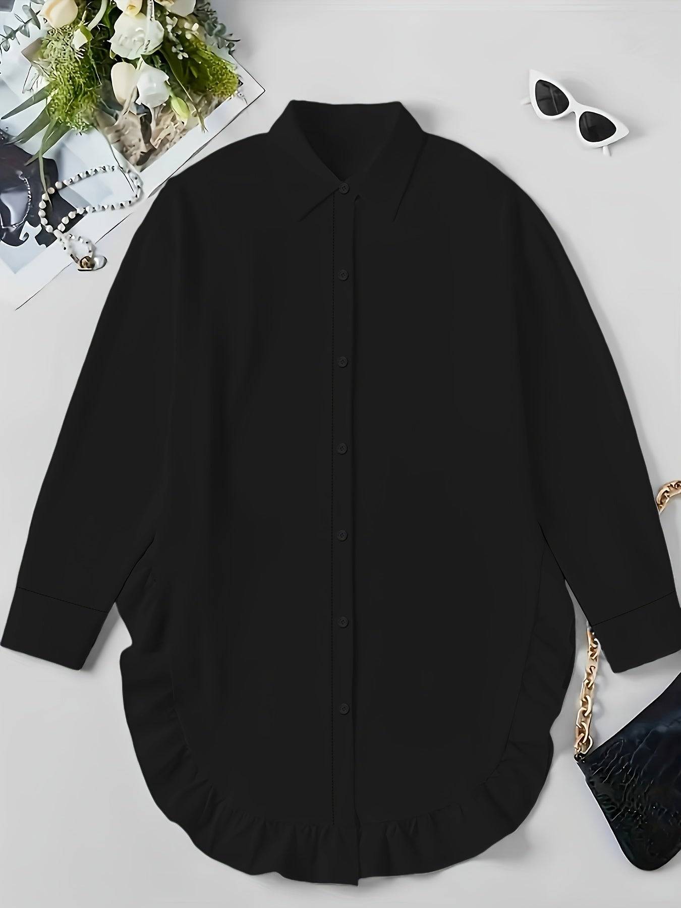 Women's Plus Size Casual Shirt - Solid Color Ruffle Hem