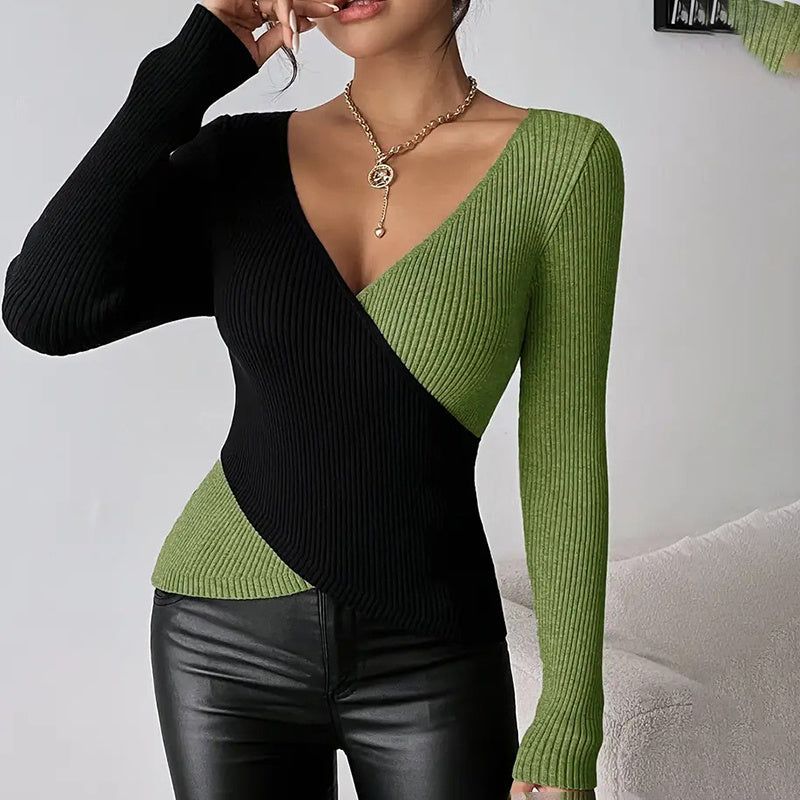 Sweater V Neck Cross Front Color Block Knit Top Women