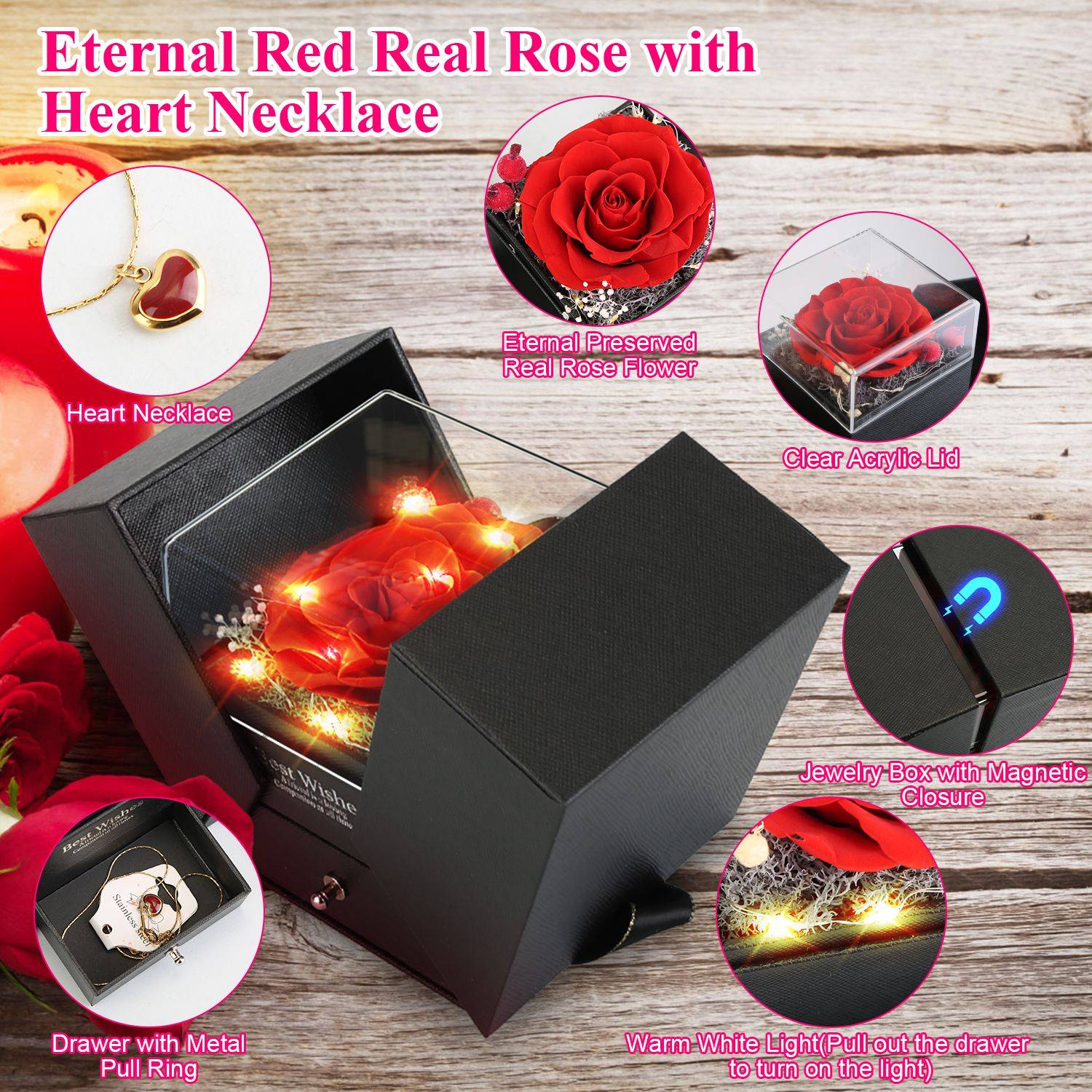 Preserved Rose Heart Necklace Gift Box