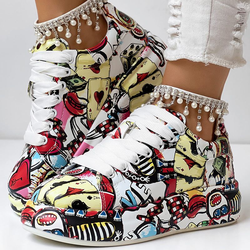 Casual Lace Up Sneakers with Thick Sole and Print Design