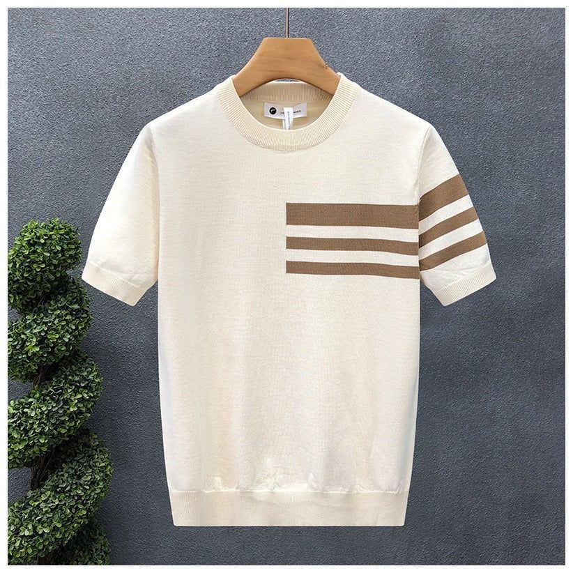 Men Round Neck Striped Shirt Loose Fit Cotton Blend Tee