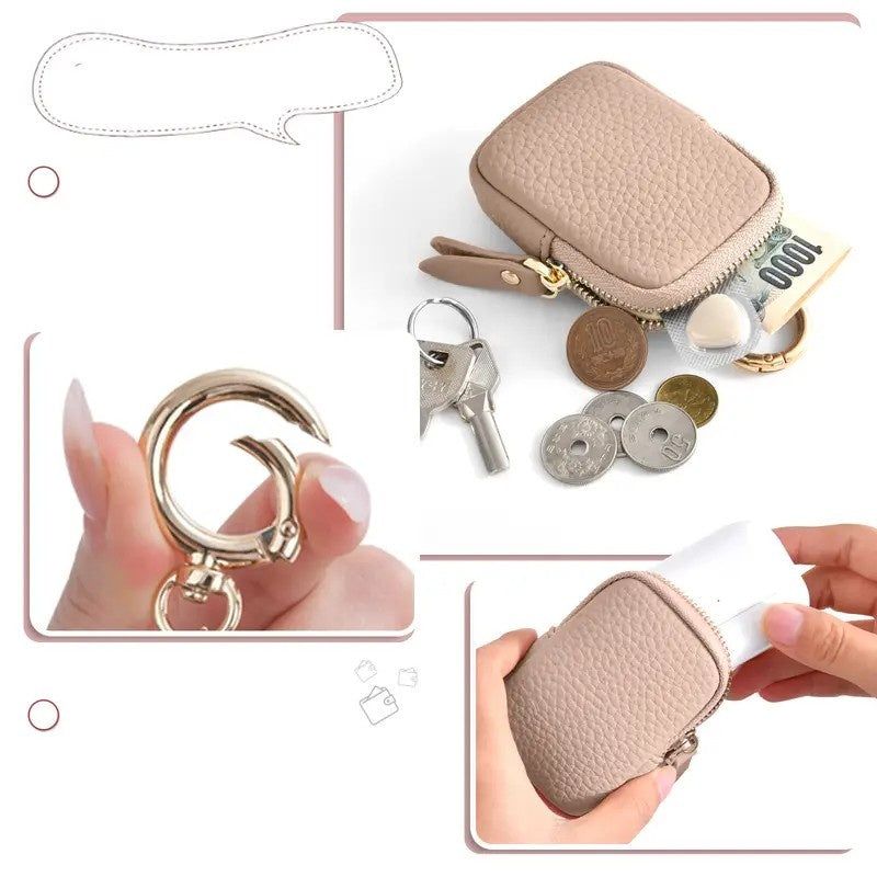 Mini Leather Wallet Coin Purse With Zipper Keychain