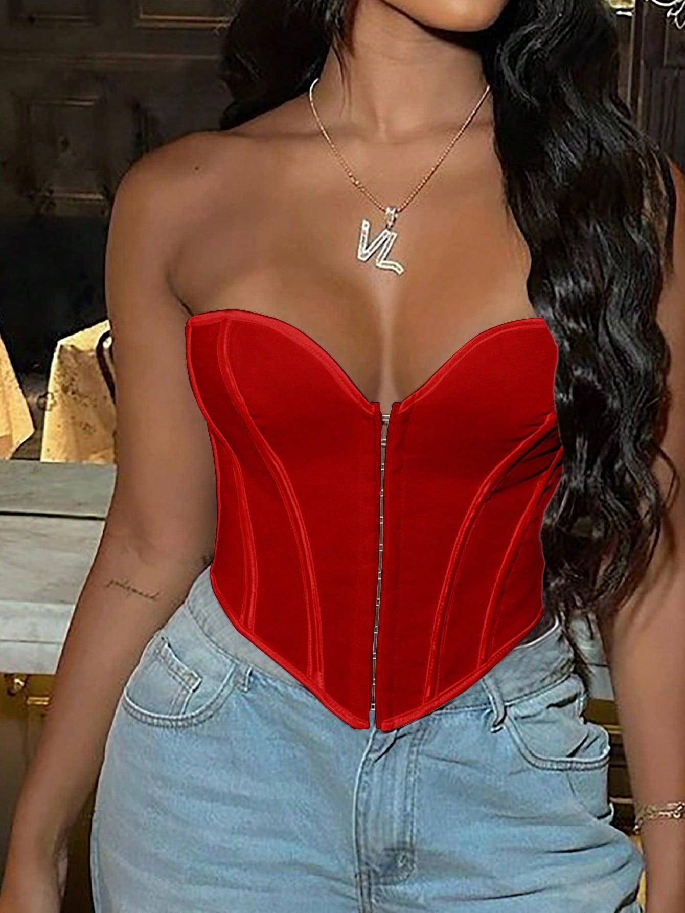 Women Strapless Lace Up Corset Tube Top