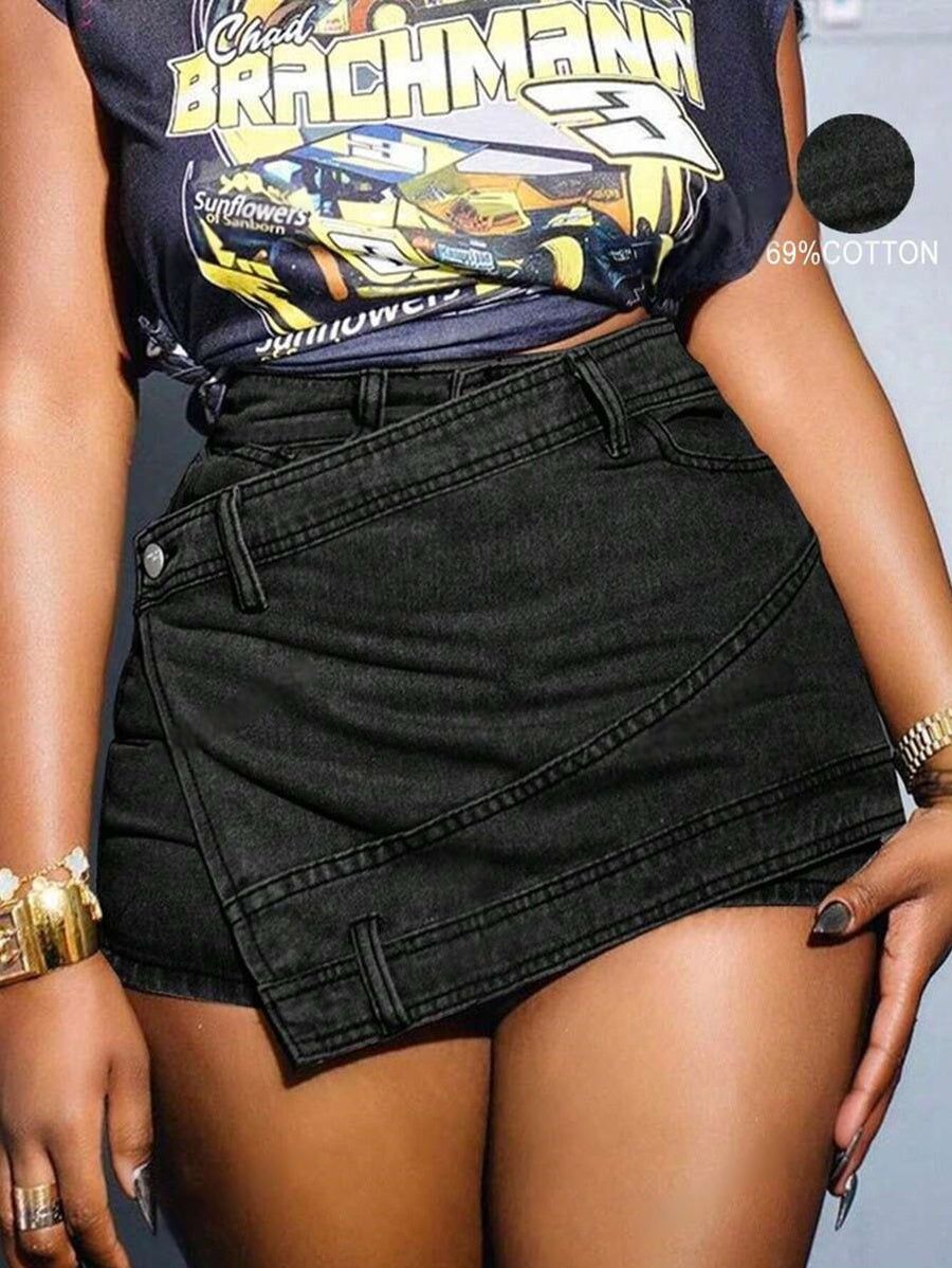 Womens Vintage Denim Skirt with Overlap Waist Design