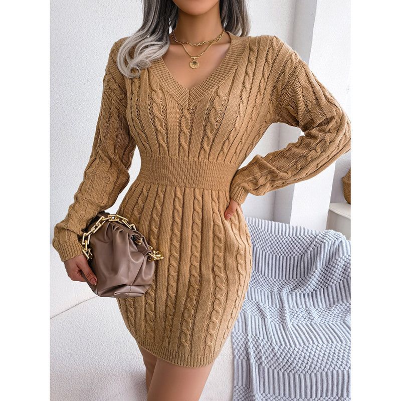 Dress V Neck Long Sleeve Bodycon Sweater Mini
